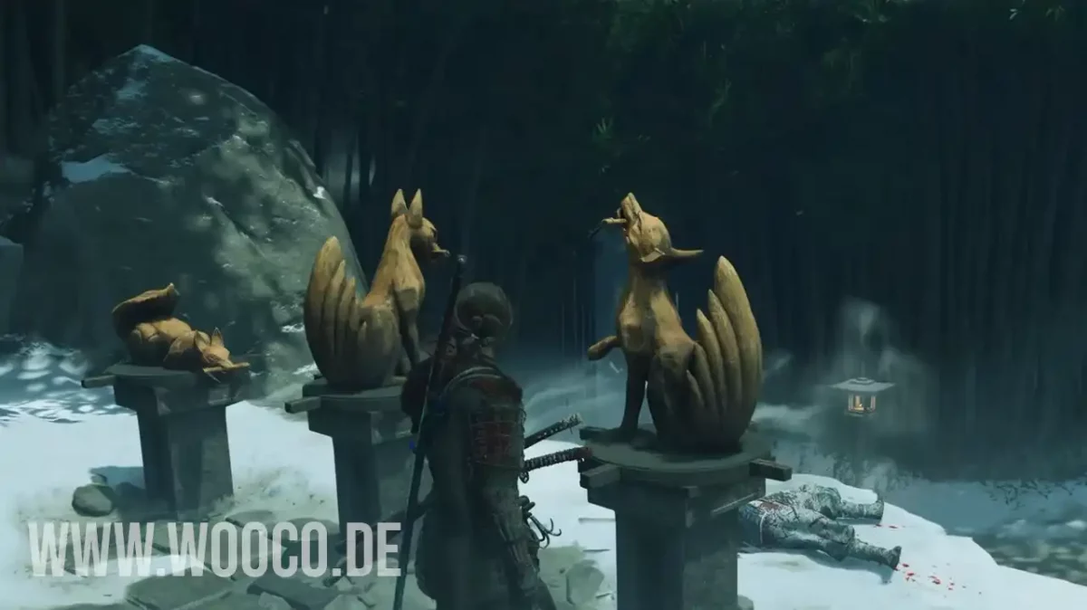 Pfad in den Wald Fuchs-Statuen Rätsel